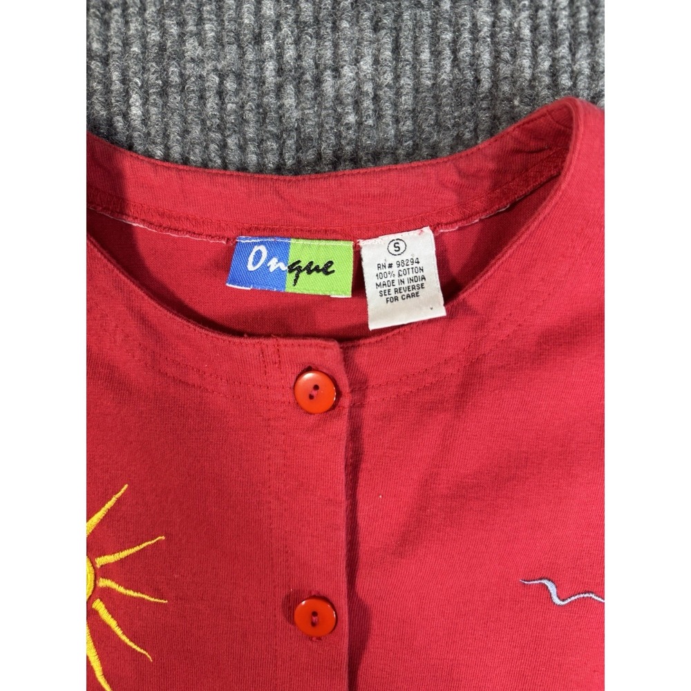 Onque Women's Embroidered Beach Button Front Blouse Red Yellow Short Sleeve S - Picture 2 of 11